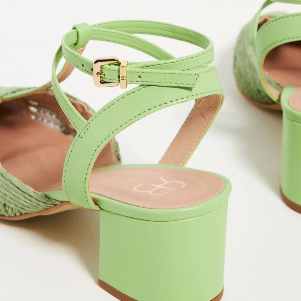 Anthropologie Mint Green Woven Pointed-Toe Block Heel Sandals - Picture 4 of 9